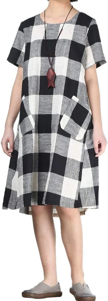 FTCayanz Women's Linen Shirt Dresses Summer Casual Short Sleeve Plaid Tunic Midi Dress
