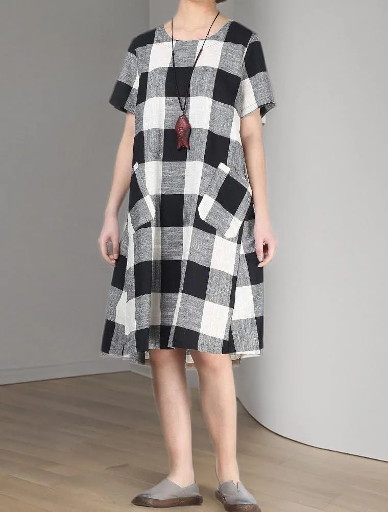 FTCayanz Women's Linen Shirt Dresses Summer Casual Short Sleeve Plaid Tunic Midi Dress