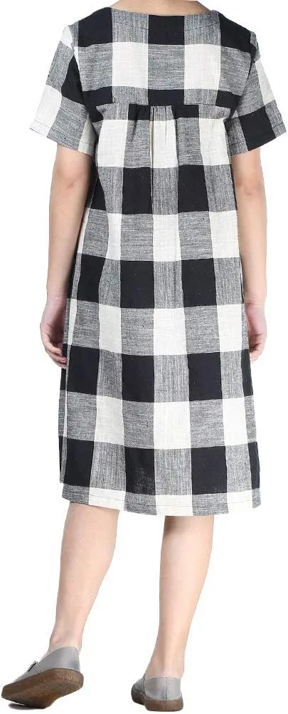 FTCayanz Women's Linen Shirt Dresses Summer Casual Short Sleeve Plaid Tunic Midi Dress