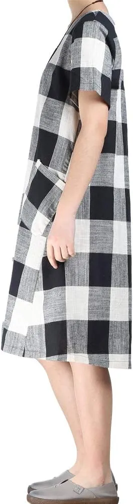 FTCayanz Women's Linen Shirt Dresses Summer Casual Short Sleeve Plaid Tunic Midi Dress