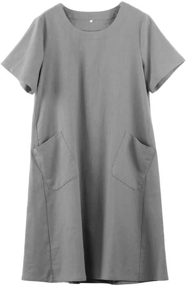 FTCayanz Women's Linen Shirt Dresses Summer Casual Short Sleeve Plaid Tunic Midi Dress