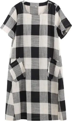 FTCayanz Women's Linen Shirt Dresses Summer Casual Short Sleeve Plaid Tunic Midi Dress