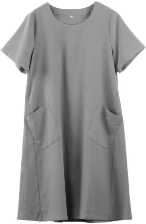 FTCayanz Women's Linen Shirt Dresses Summer Casual Short Sleeve Plaid Tunic Midi Dress