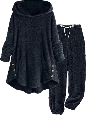 Fuzzy Fleece Lounge Sets Women Plus Size Warm 2 Piece Outfits Sherpa Fleece Lined Hoodie Tops and Pants Pjs Set