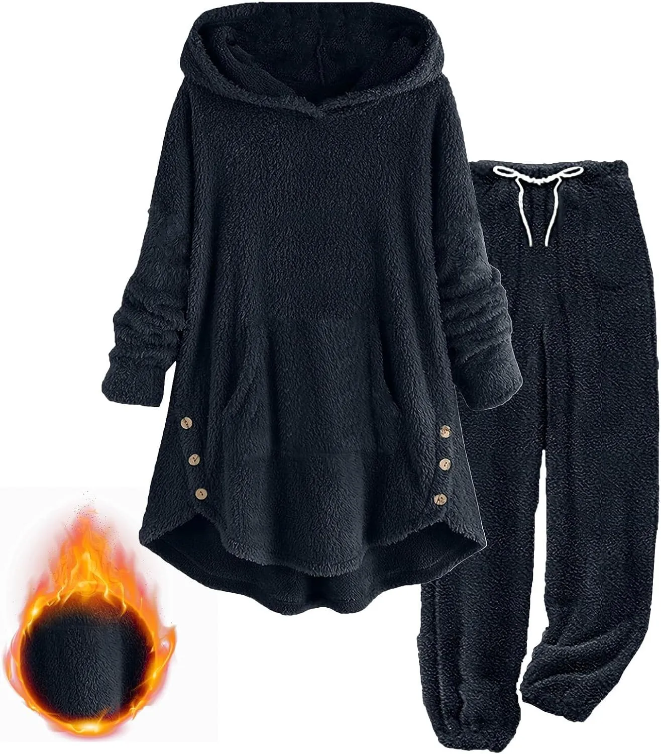 Fuzzy Fleece Lounge Sets Women Plus Size Warm 2 Piece Outfits Sherpa Fleece Lined Hoodie Tops and Pants Pjs Set