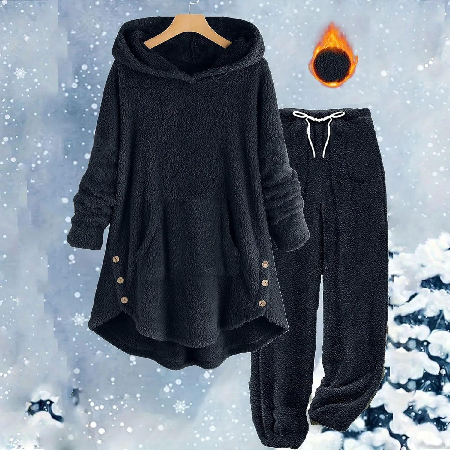 Fuzzy Fleece Lounge Sets Women Plus Size Warm 2 Piece Outfits Sherpa Fleece Lined Hoodie Tops and Pants Pjs Set