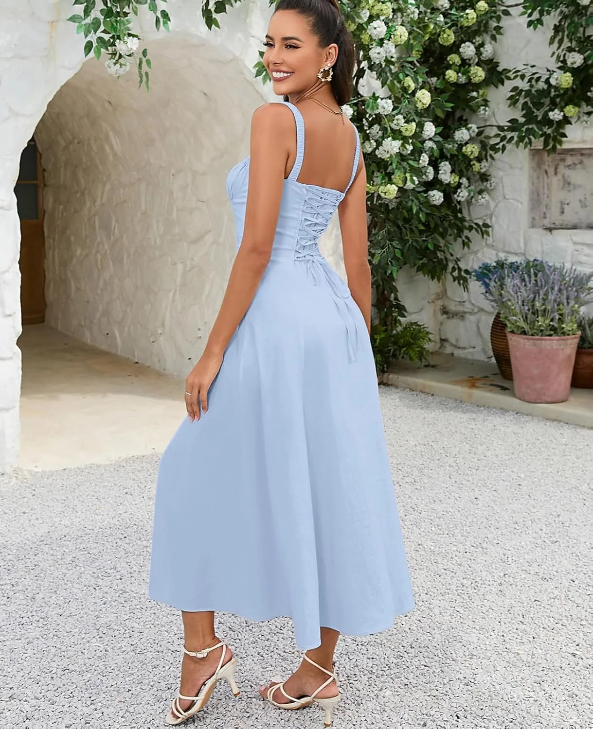 GLNEGE Women's Summer Milkmaid Midi Dresses Casual Corset Flowy Graduation Square Neck Dress Lace Up A-line Sundress 2025