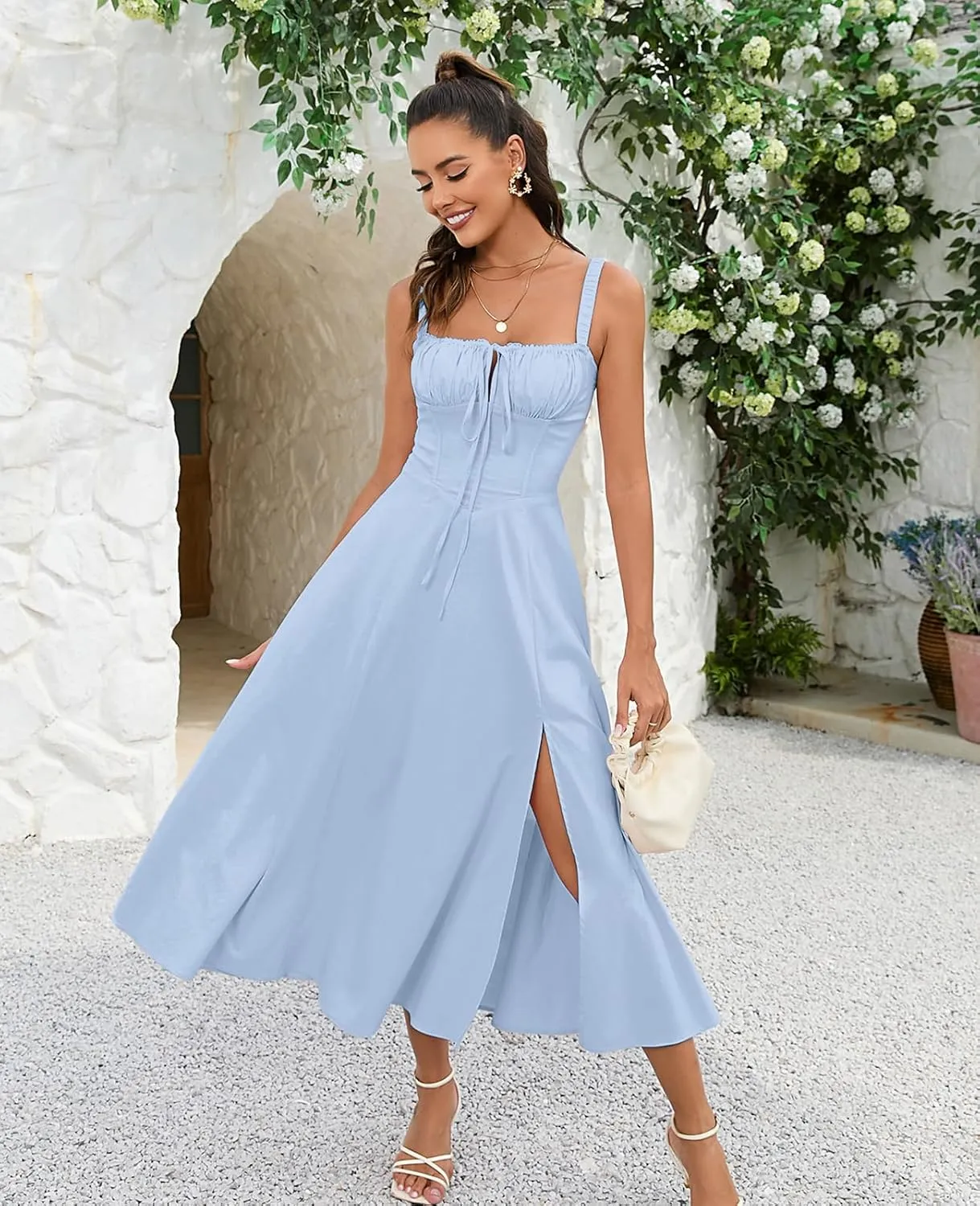 GLNEGE Women's Summer Milkmaid Midi Dresses Casual Corset Flowy Graduation Square Neck Dress Lace Up A-line Sundress 2025