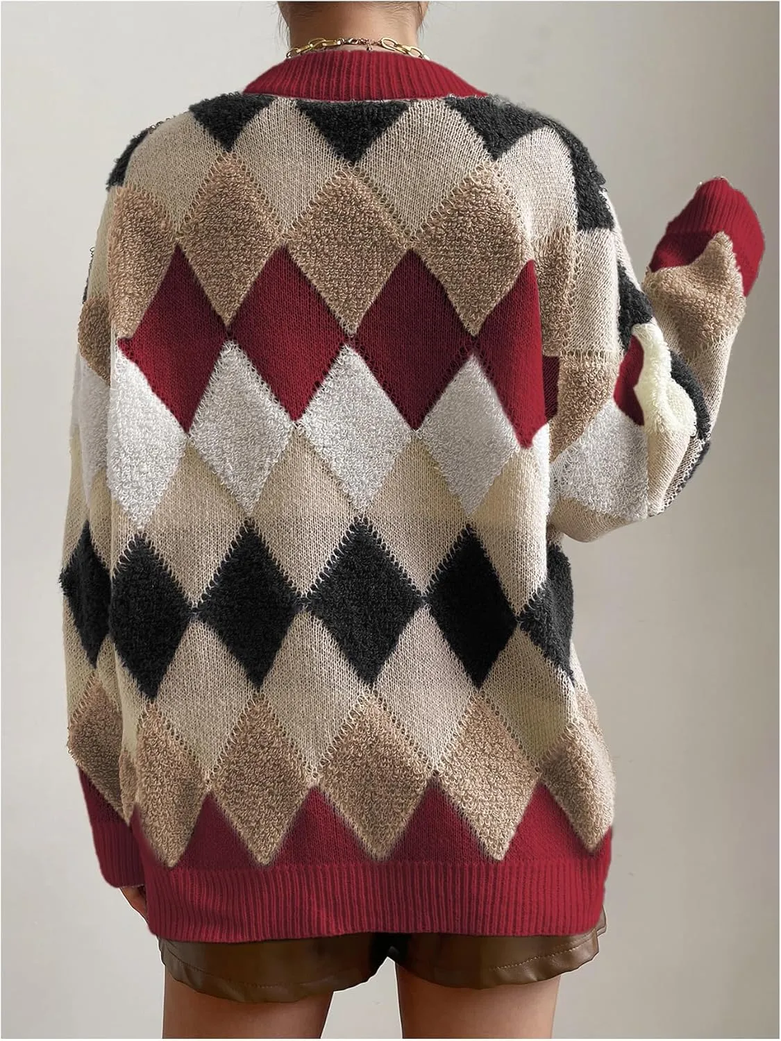 GORGLITTER Women's Checkered Cardigan Sweater Open Front Chunky Knit Sweater Outwear