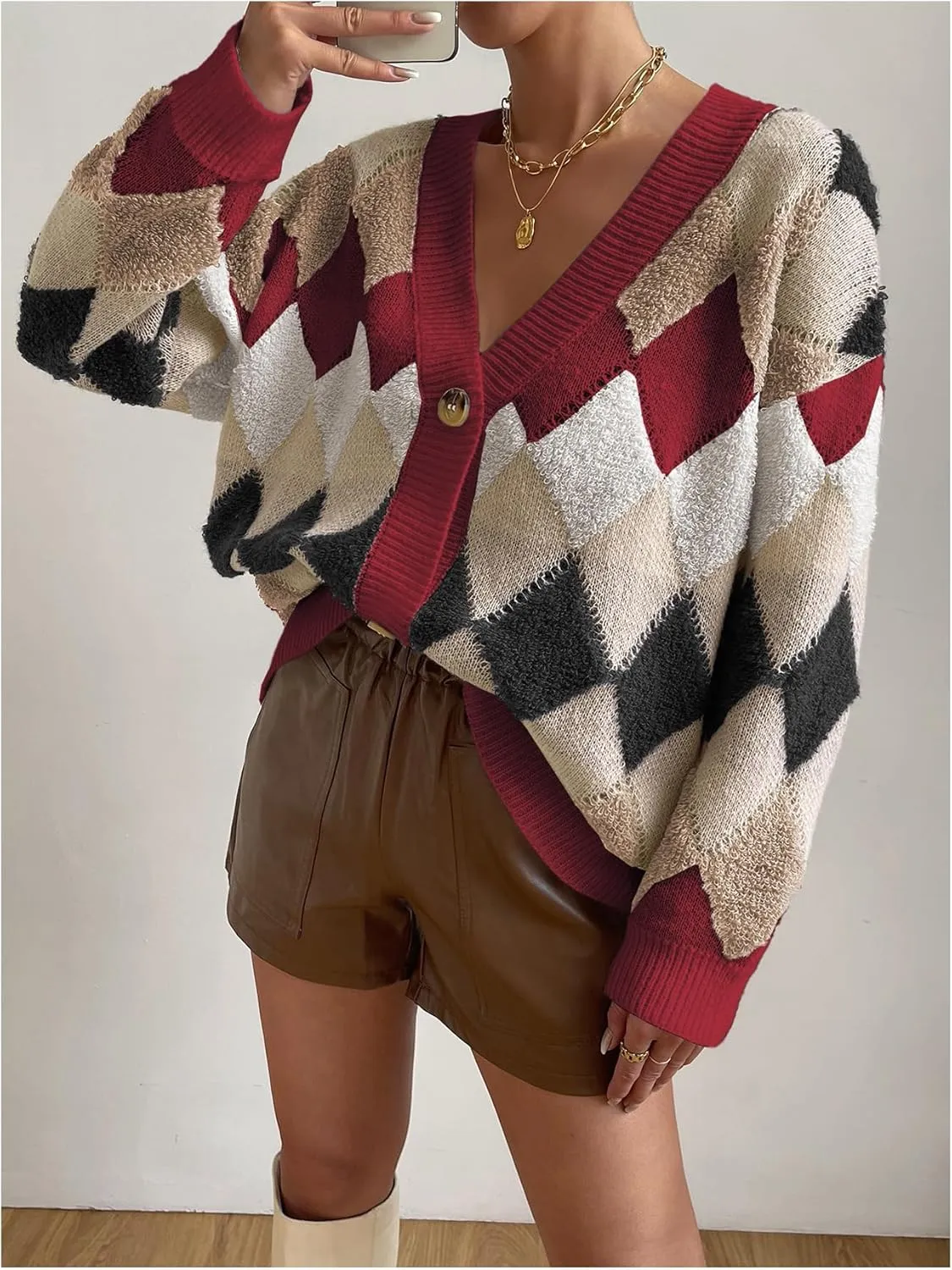 GORGLITTER Women's Checkered Cardigan Sweater Open Front Chunky Knit Sweater Outwear