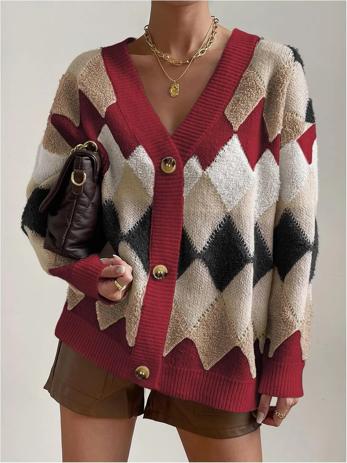 GORGLITTER Women's Checkered Cardigan Sweater Open Front Chunky Knit Sweater Outwear