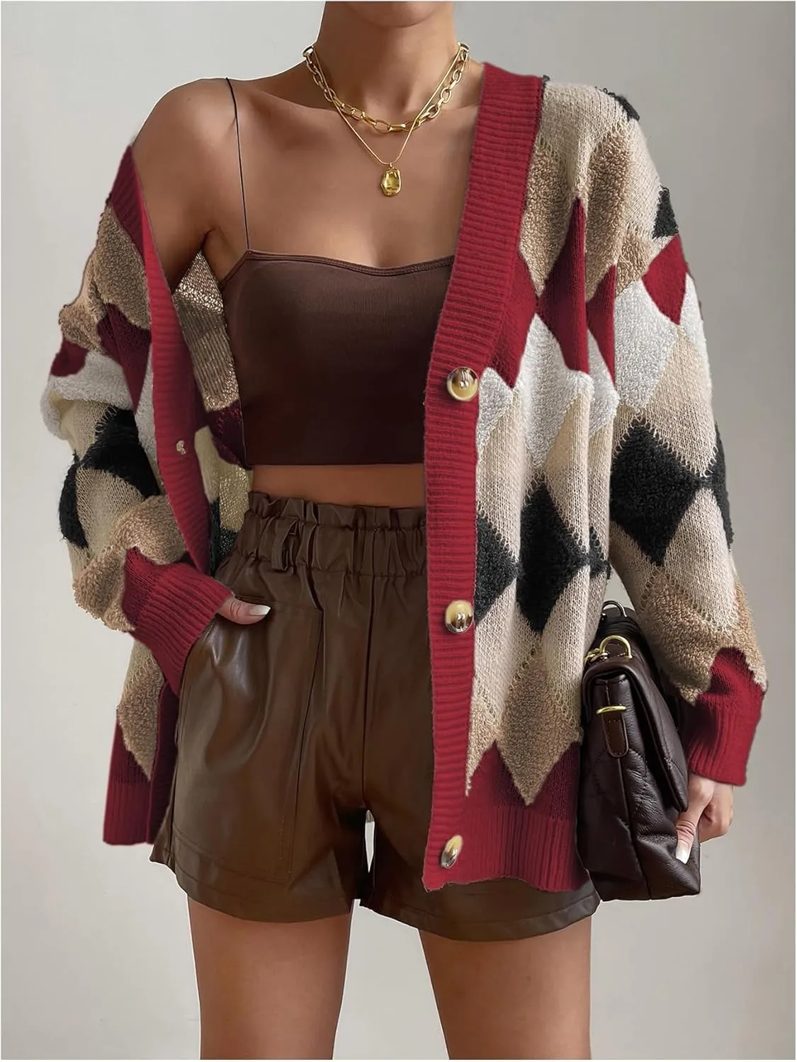 GORGLITTER Women's Checkered Cardigan Sweater Open Front Chunky Knit Sweater Outwear