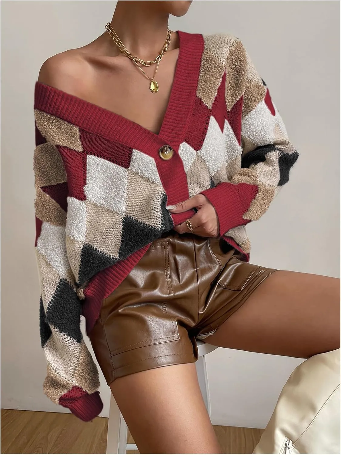 GORGLITTER Women's Checkered Cardigan Sweater Open Front Chunky Knit Sweater Outwear