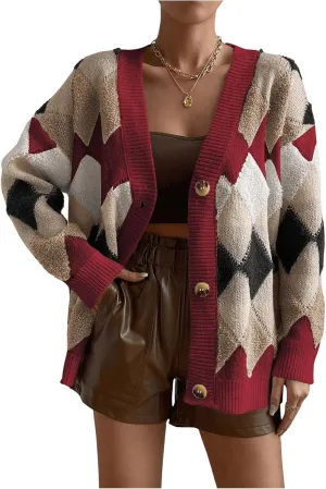 GORGLITTER Women's Checkered Cardigan Sweater Open Front Chunky Knit Sweater Outwear
