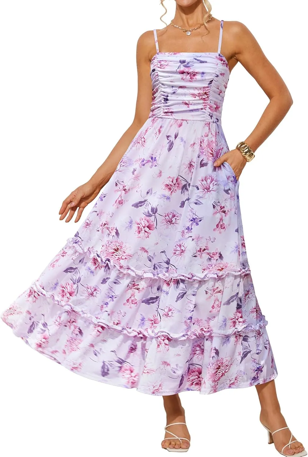 GRACE KARIN 2025 Women's Summer Floral Maxi Dress Casual Sleeveless Ruffle Tiered Wedding Guest Flowy Dresses with Pockets