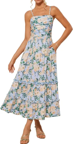 GRACE KARIN 2025 Women's Summer Floral Maxi Dress Casual Sleeveless Ruffle Tiered Wedding Guest Flowy Dresses with Pockets