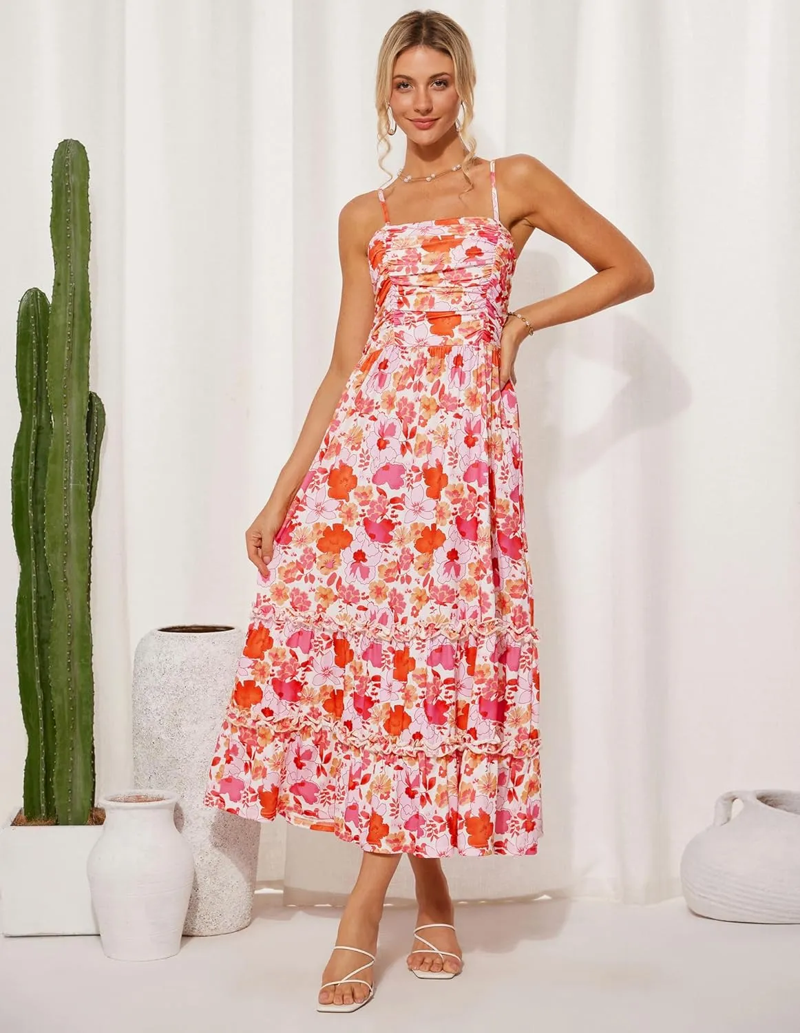 GRACE KARIN 2025 Women's Summer Floral Maxi Dress Casual Sleeveless Ruffle Tiered Wedding Guest Flowy Dresses with Pockets