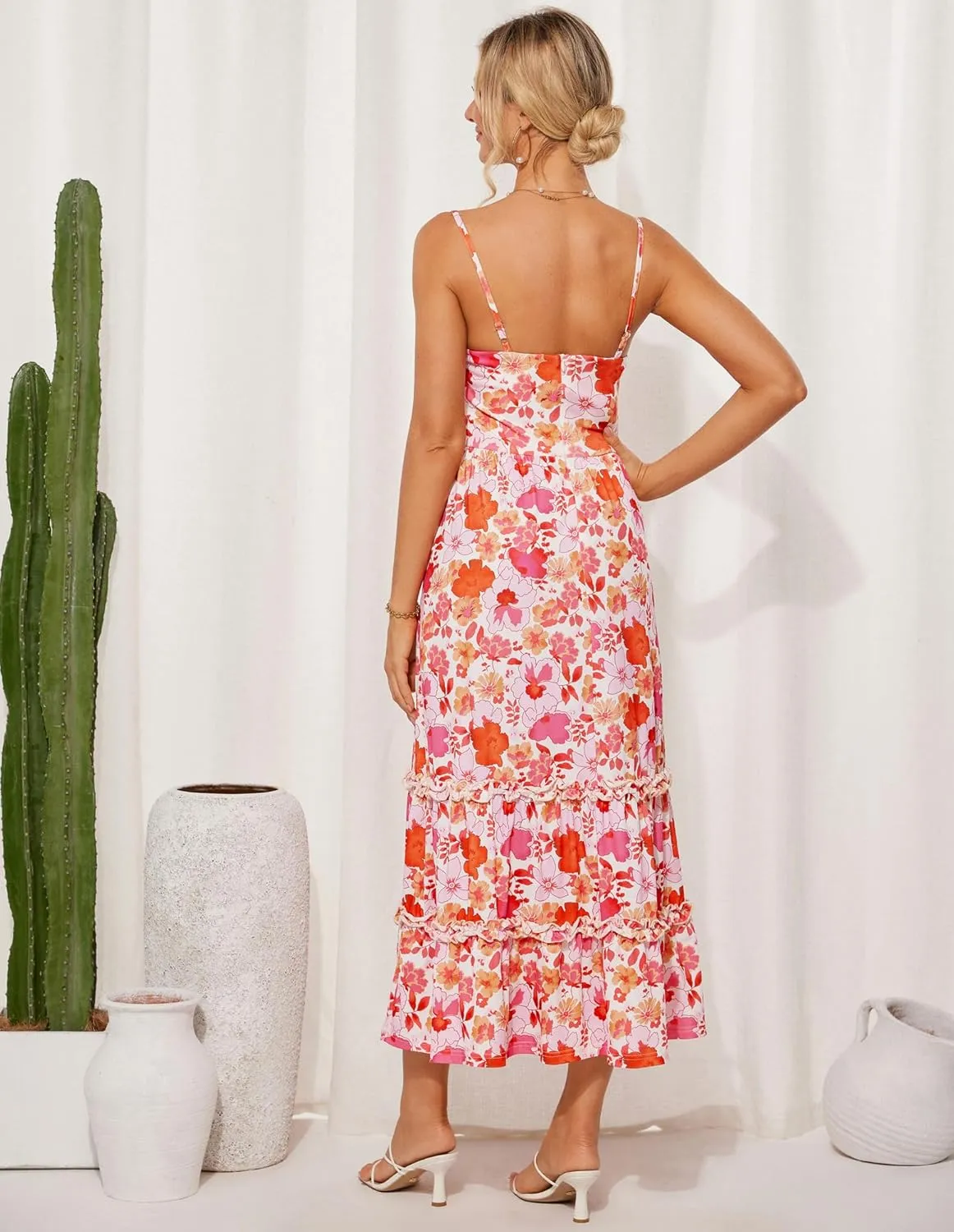 GRACE KARIN 2025 Women's Summer Floral Maxi Dress Casual Sleeveless Ruffle Tiered Wedding Guest Flowy Dresses with Pockets