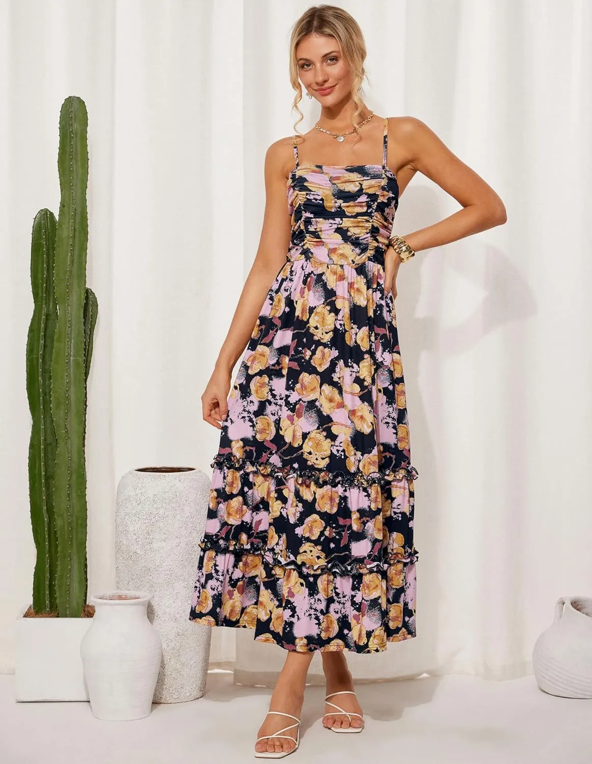 GRACE KARIN 2025 Women's Summer Floral Maxi Dress Casual Sleeveless Ruffle Tiered Wedding Guest Flowy Dresses with Pockets