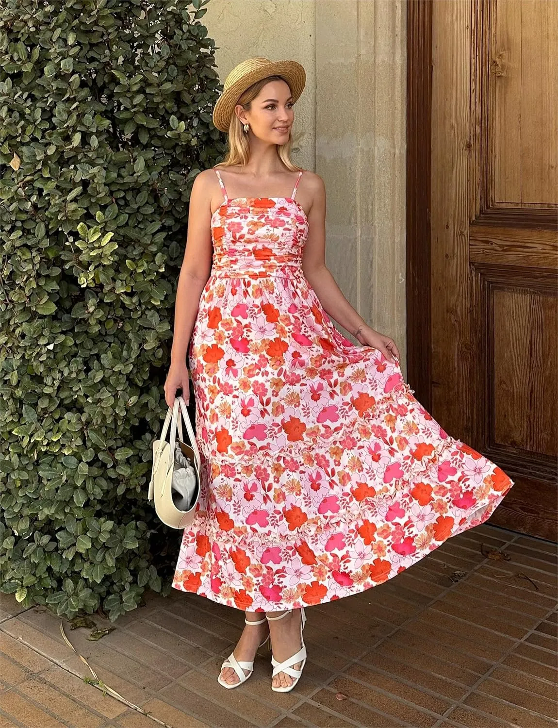 GRACE KARIN 2025 Women's Summer Floral Maxi Dress Casual Sleeveless Ruffle Tiered Wedding Guest Flowy Dresses with Pockets