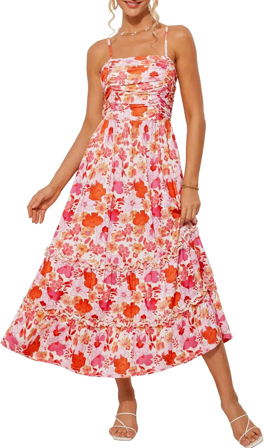 GRACE KARIN 2025 Women's Summer Floral Maxi Dress Casual Sleeveless Ruffle Tiered Wedding Guest Flowy Dresses with Pockets