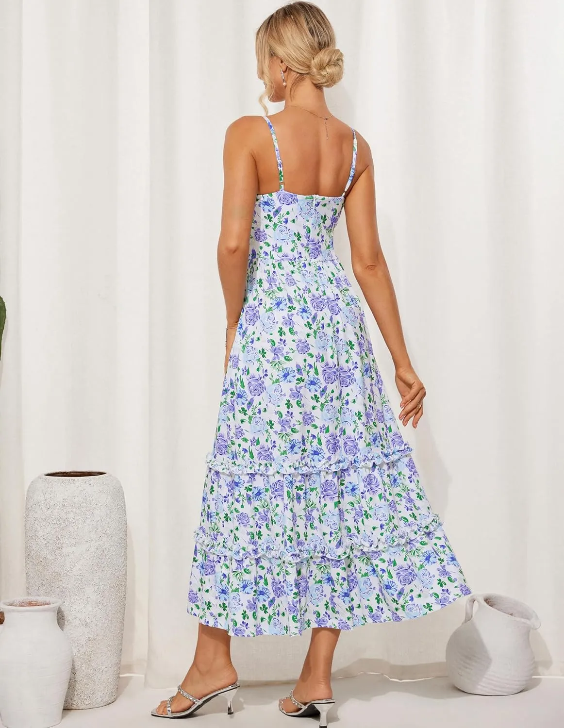 GRACE KARIN 2025 Women's Summer Floral Maxi Dress Casual Sleeveless Ruffle Tiered Wedding Guest Flowy Dresses with Pockets