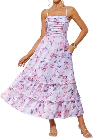 GRACE KARIN 2025 Women's Summer Floral Maxi Dress Casual Sleeveless Ruffle Tiered Wedding Guest Flowy Dresses with Pockets
