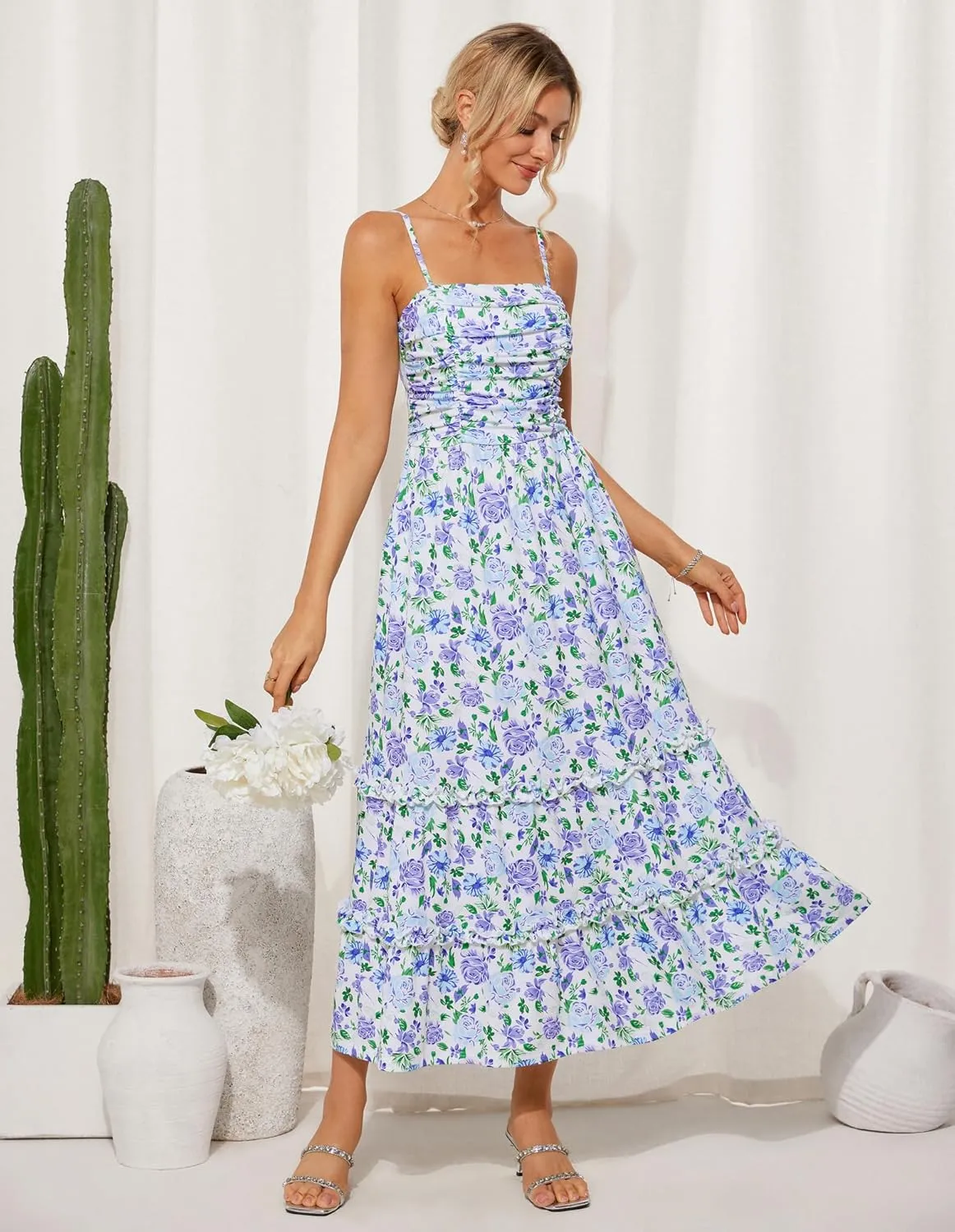 GRACE KARIN 2025 Women's Summer Floral Maxi Dress Casual Sleeveless Ruffle Tiered Wedding Guest Flowy Dresses with Pockets
