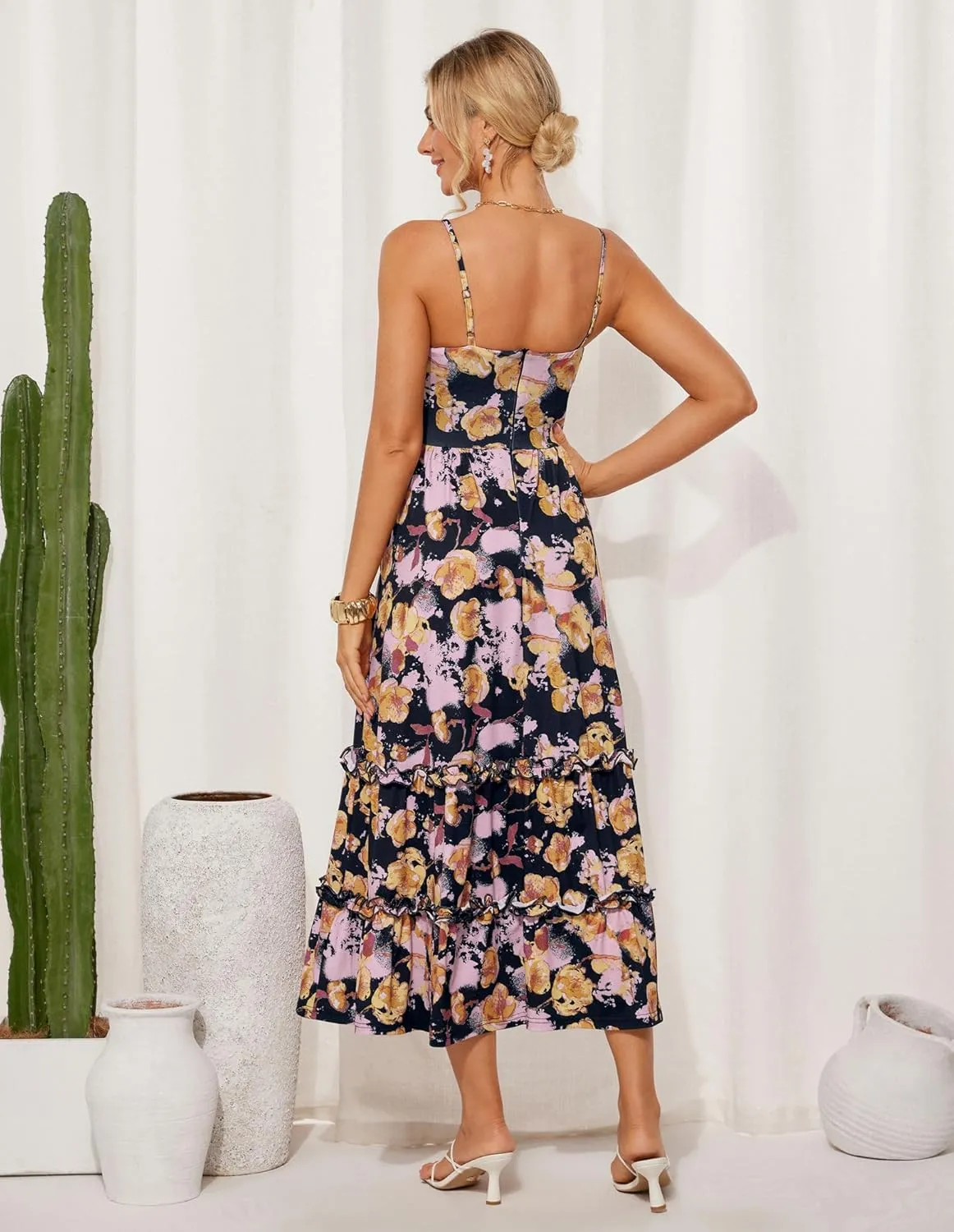 GRACE KARIN 2025 Women's Summer Floral Maxi Dress Casual Sleeveless Ruffle Tiered Wedding Guest Flowy Dresses with Pockets