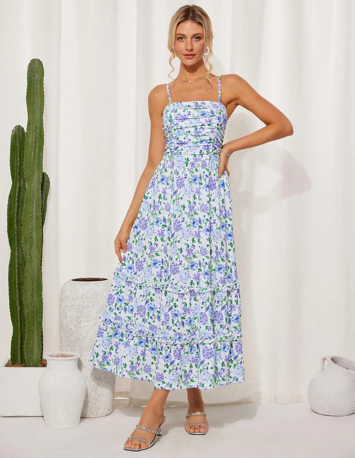GRACE KARIN 2025 Women's Summer Floral Maxi Dress Casual Sleeveless Ruffle Tiered Wedding Guest Flowy Dresses with Pockets