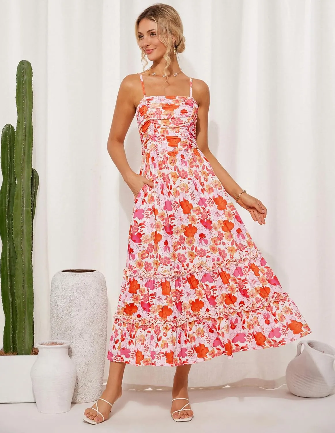 GRACE KARIN 2025 Women's Summer Floral Maxi Dress Casual Sleeveless Ruffle Tiered Wedding Guest Flowy Dresses with Pockets