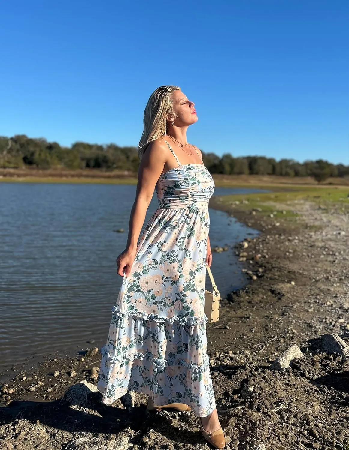 GRACE KARIN 2025 Women's Summer Floral Maxi Dress Casual Sleeveless Ruffle Tiered Wedding Guest Flowy Dresses with Pockets