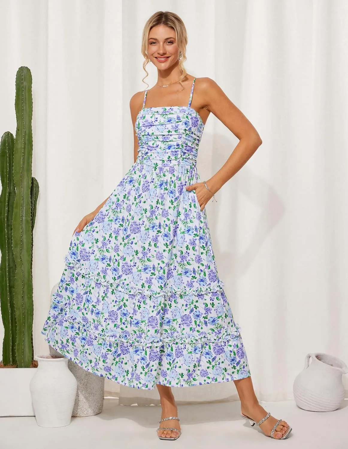 GRACE KARIN 2025 Women's Summer Floral Maxi Dress Casual Sleeveless Ruffle Tiered Wedding Guest Flowy Dresses with Pockets
