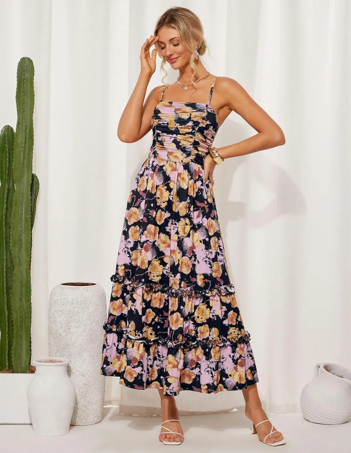 GRACE KARIN 2025 Women's Summer Floral Maxi Dress Casual Sleeveless Ruffle Tiered Wedding Guest Flowy Dresses with Pockets