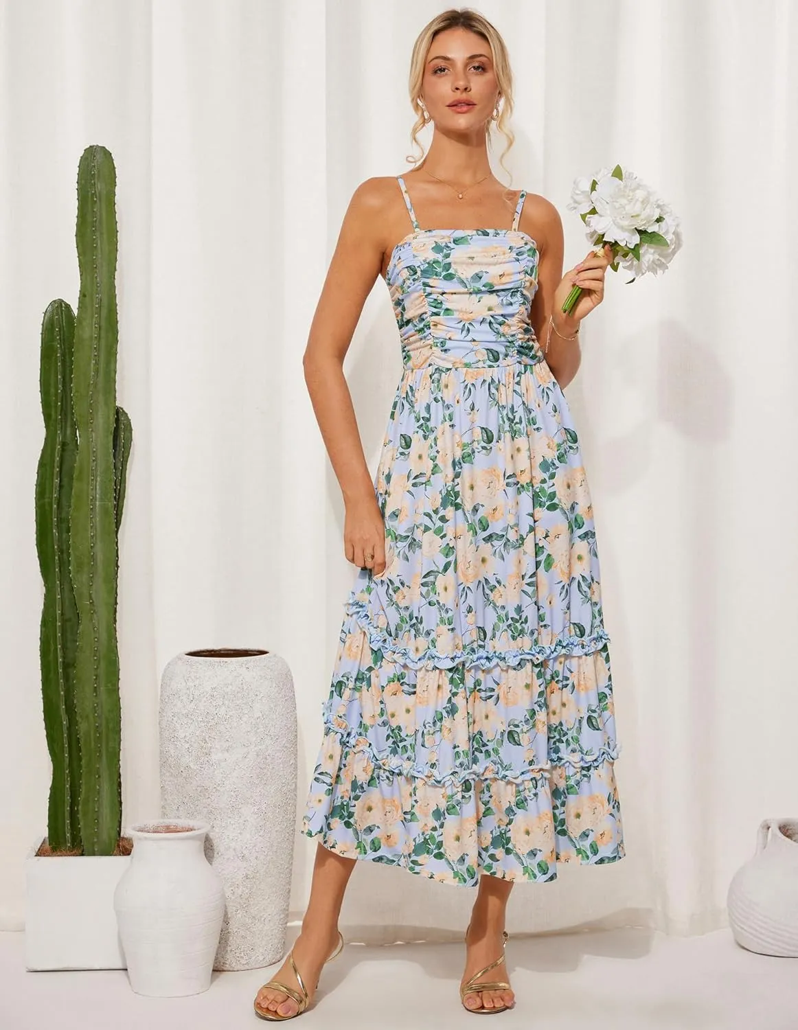 GRACE KARIN 2025 Women's Summer Floral Maxi Dress Casual Sleeveless Ruffle Tiered Wedding Guest Flowy Dresses with Pockets