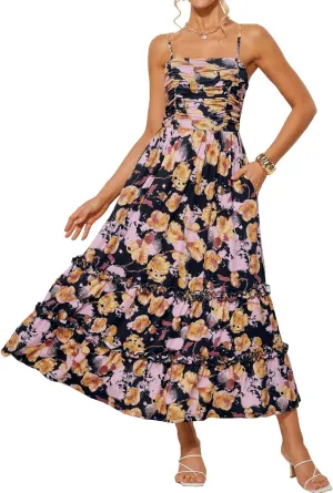 GRACE KARIN 2025 Women's Summer Floral Maxi Dress Casual Sleeveless Ruffle Tiered Wedding Guest Flowy Dresses with Pockets