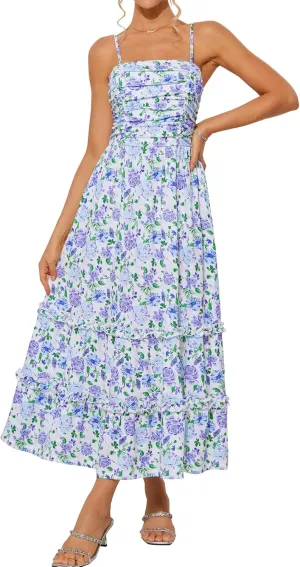 GRACE KARIN 2025 Women's Summer Floral Maxi Dress Casual Sleeveless Ruffle Tiered Wedding Guest Flowy Dresses with Pockets