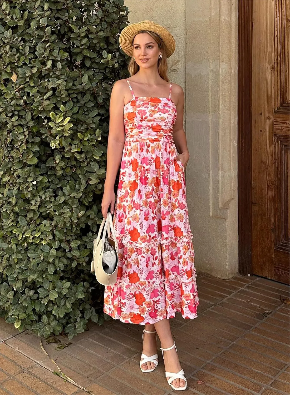 GRACE KARIN 2025 Women's Summer Floral Maxi Dress Casual Sleeveless Ruffle Tiered Wedding Guest Flowy Dresses with Pockets
