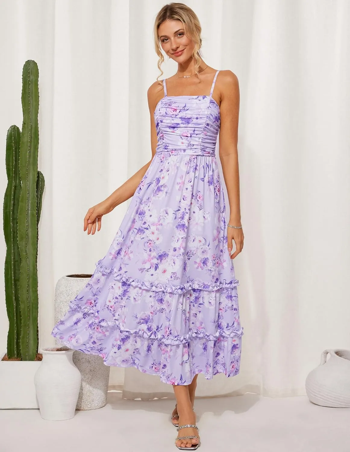 GRACE KARIN 2025 Women's Summer Floral Maxi Dress Casual Sleeveless Ruffle Tiered Wedding Guest Flowy Dresses with Pockets