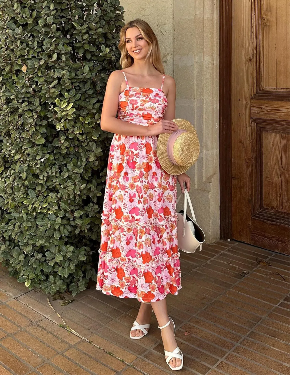GRACE KARIN 2025 Women's Summer Floral Maxi Dress Casual Sleeveless Ruffle Tiered Wedding Guest Flowy Dresses with Pockets