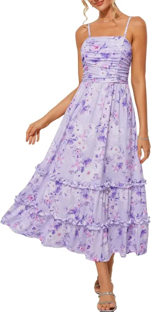 GRACE KARIN 2025 Women's Summer Floral Maxi Dress Casual Sleeveless Ruffle Tiered Wedding Guest Flowy Dresses with Pockets
