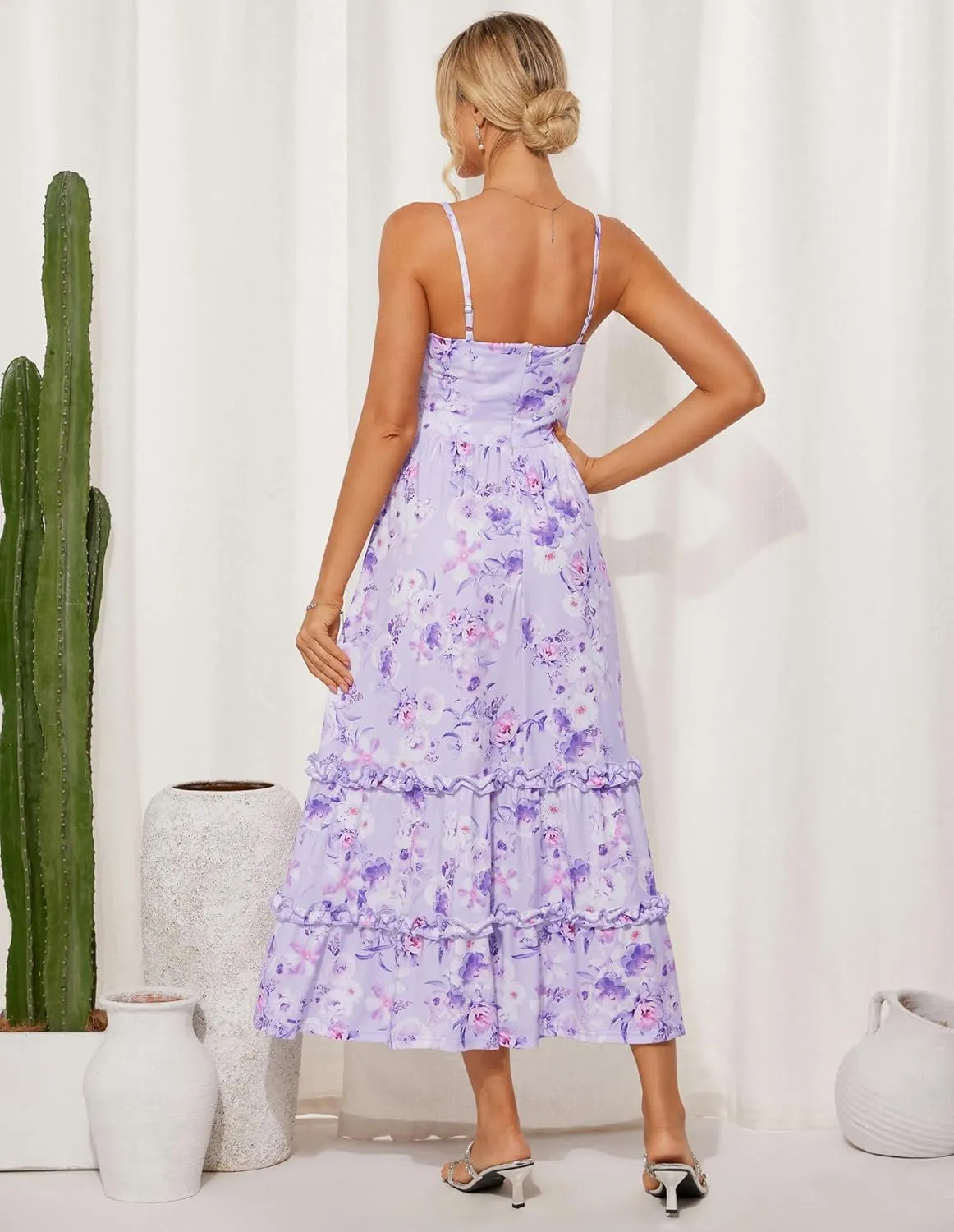 GRACE KARIN 2025 Women's Summer Floral Maxi Dress Casual Sleeveless Ruffle Tiered Wedding Guest Flowy Dresses with Pockets