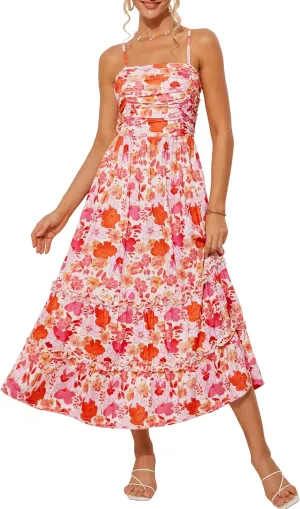 GRACE KARIN 2025 Women's Summer Floral Maxi Dress Casual Sleeveless Ruffle Tiered Wedding Guest Flowy Dresses with Pockets