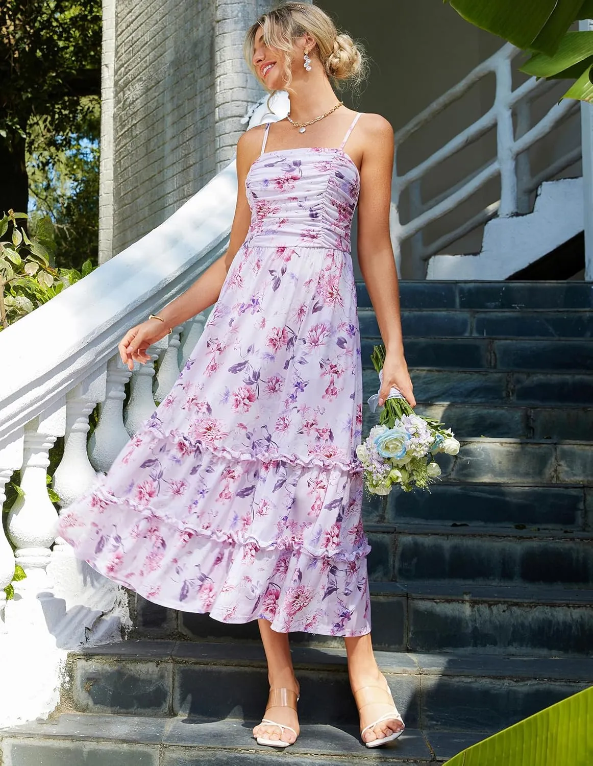 GRACE KARIN 2025 Women's Summer Floral Maxi Dress Casual Sleeveless Ruffle Tiered Wedding Guest Flowy Dresses with Pockets