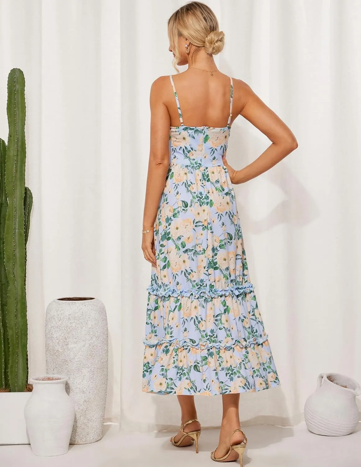 GRACE KARIN 2025 Women's Summer Floral Maxi Dress Casual Sleeveless Ruffle Tiered Wedding Guest Flowy Dresses with Pockets