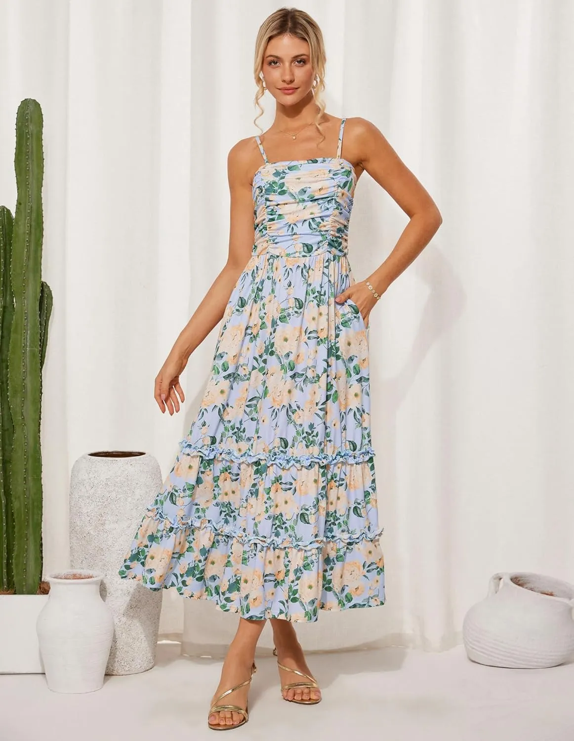 GRACE KARIN 2025 Women's Summer Floral Maxi Dress Casual Sleeveless Ruffle Tiered Wedding Guest Flowy Dresses with Pockets