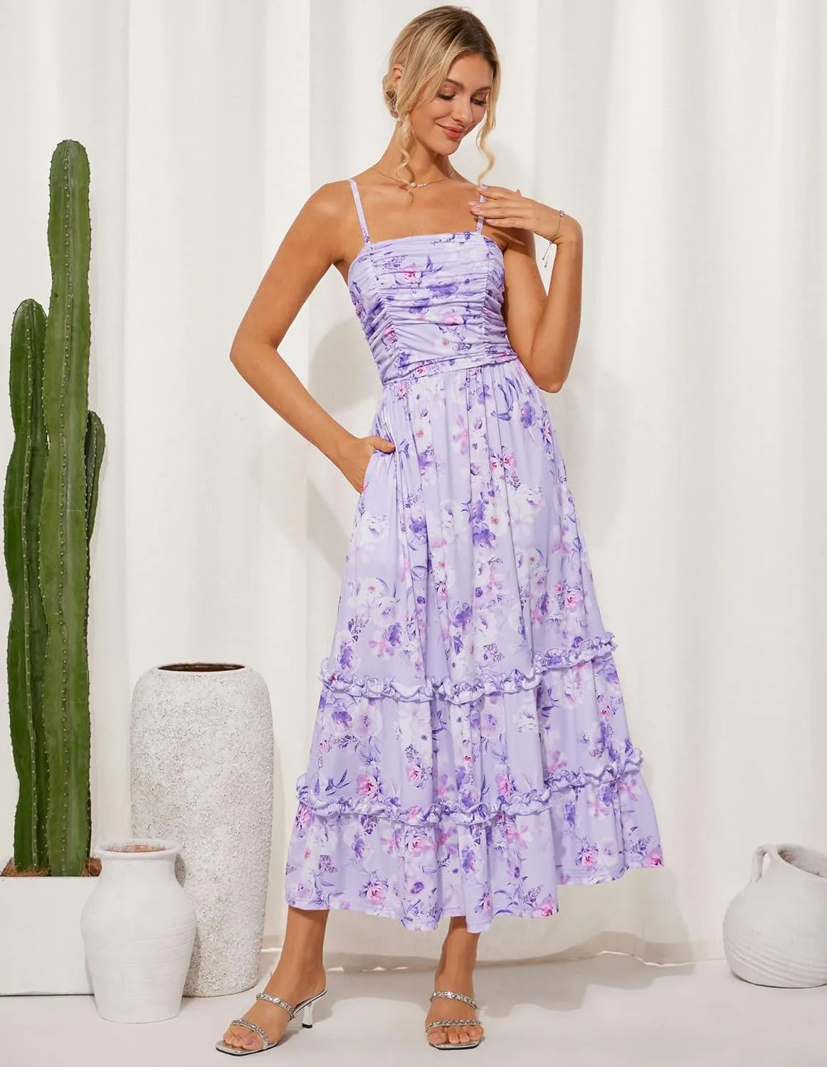 GRACE KARIN 2025 Women's Summer Floral Maxi Dress Casual Sleeveless Ruffle Tiered Wedding Guest Flowy Dresses with Pockets