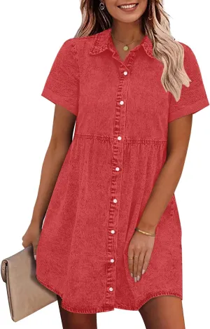 GRAPENT Denim Dress for Women Babydoll Tiered Short Sleeve Button Down Jean Shirt Dresses