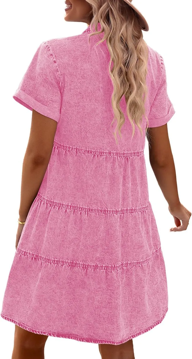 GRAPENT Denim Dress for Women Babydoll Tiered Short Sleeve Button Down Jean Shirt Dresses