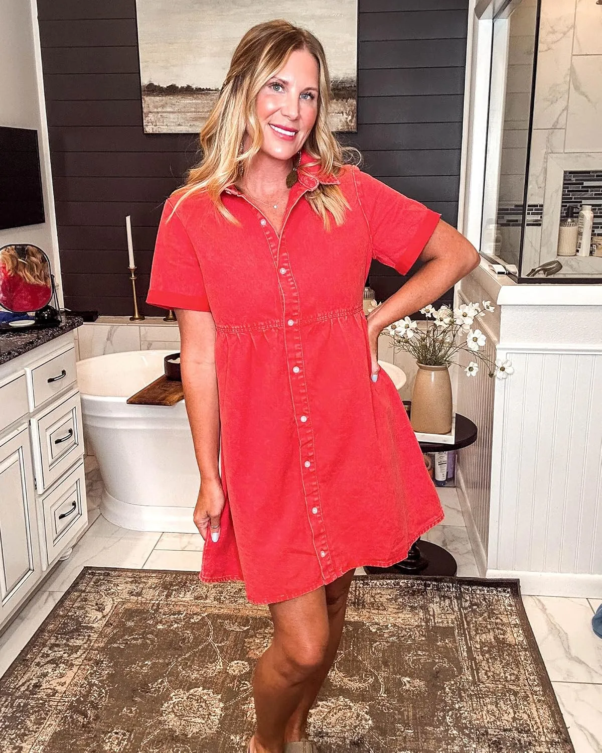 GRAPENT Denim Dress for Women Babydoll Tiered Short Sleeve Button Down Jean Shirt Dresses